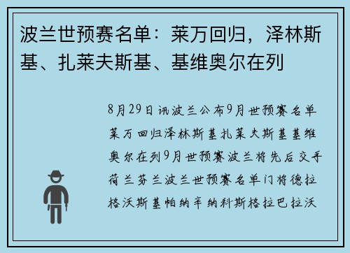 波兰世预赛名单：莱万回归，泽林斯基、扎莱夫斯基、基维奥尔在列