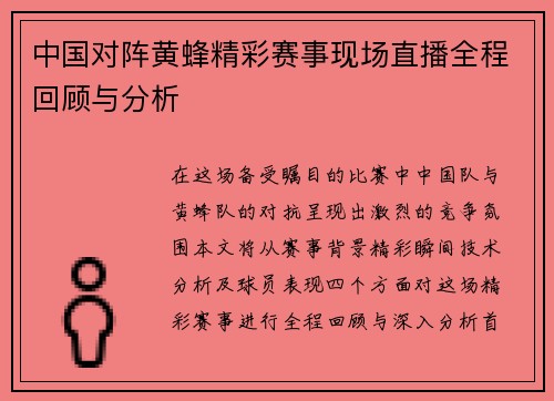 中国对阵黄蜂精彩赛事现场直播全程回顾与分析