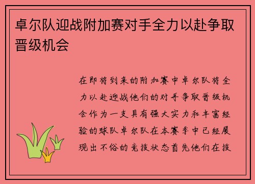 卓尔队迎战附加赛对手全力以赴争取晋级机会
